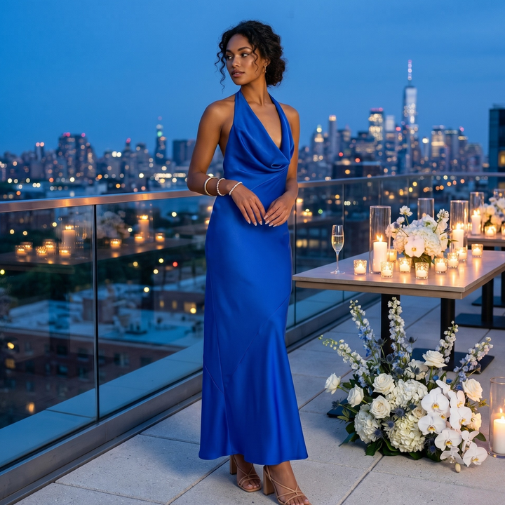 Sapphire Vows Halter Drape Gown  —  Open Back Destination Bridesmaid Dress