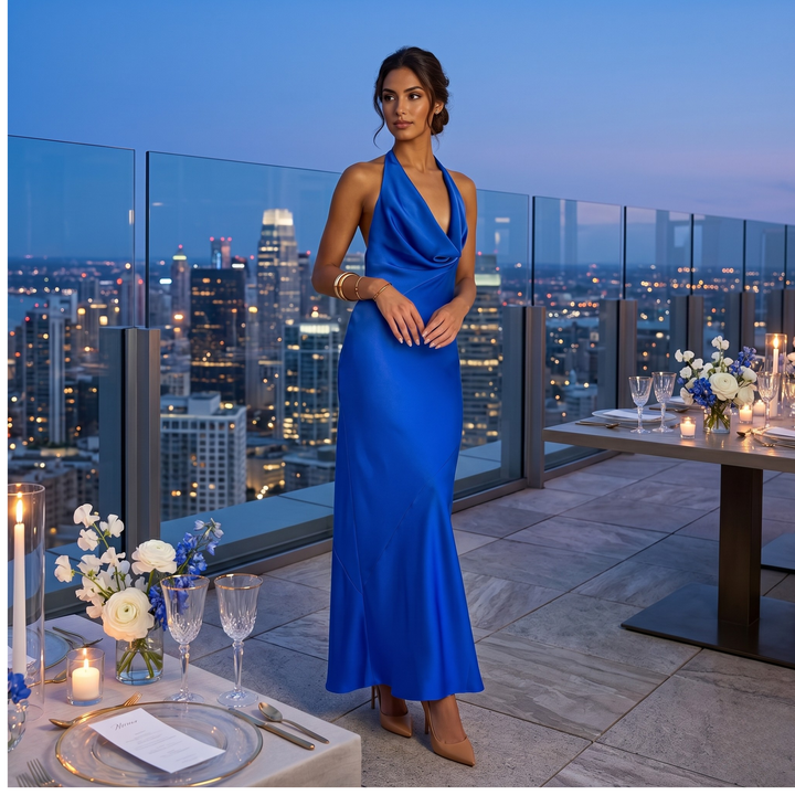 Sapphire Vows Halter Drape Gown  —  Open Back Destination Bridesmaid Dress