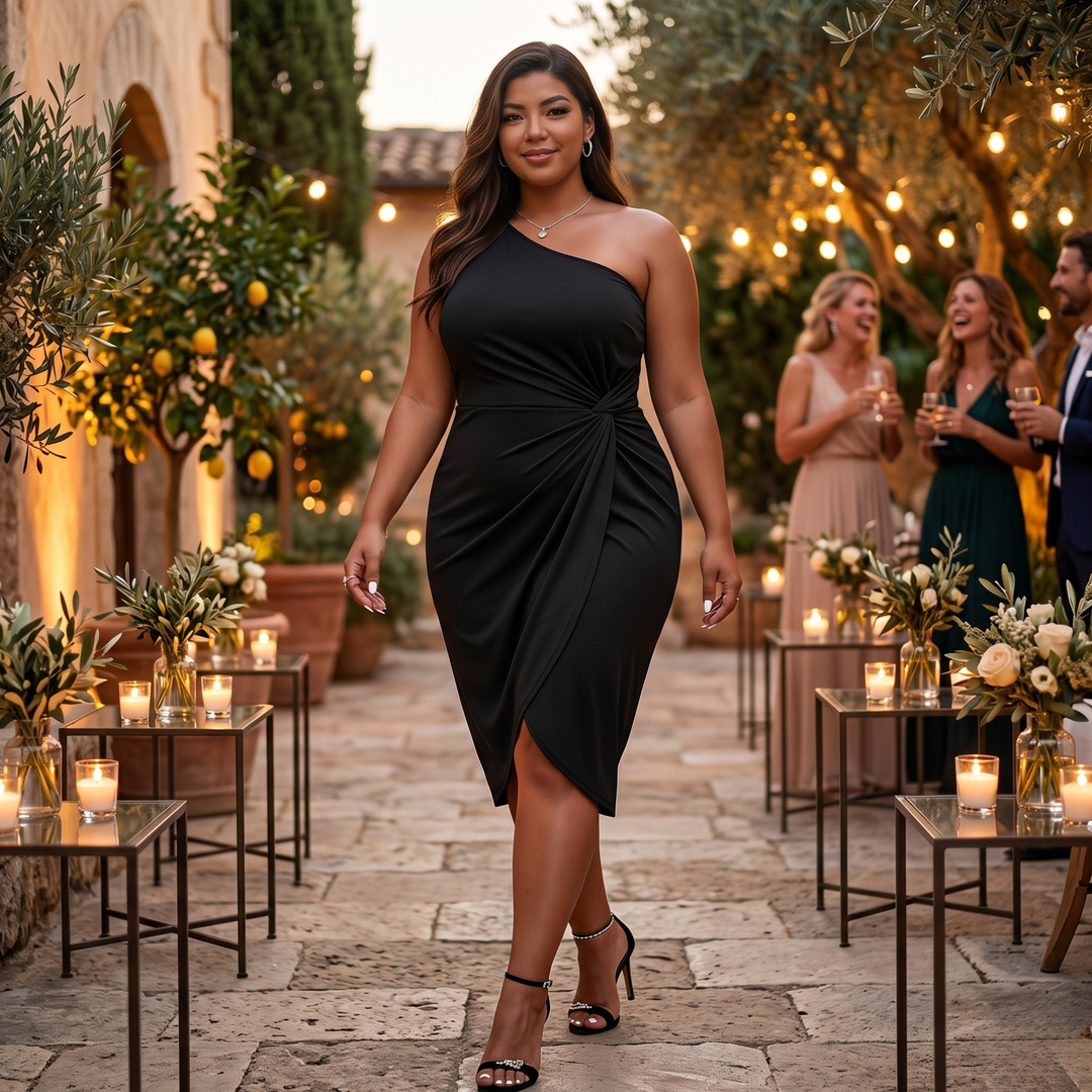Midnight Union Curve One-Shoulder Twist Dress Plus Size Black Bridal & Honeymoon Evening Dress