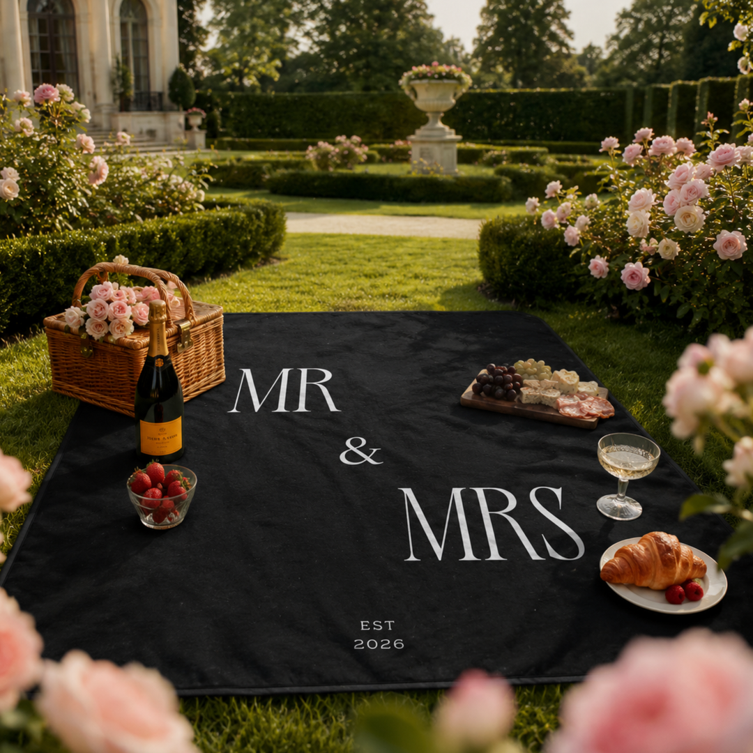 Midnight Union Picnic Blanket  —  Mr & Mrs Est 2026 Honeymoon & Wedding Gift