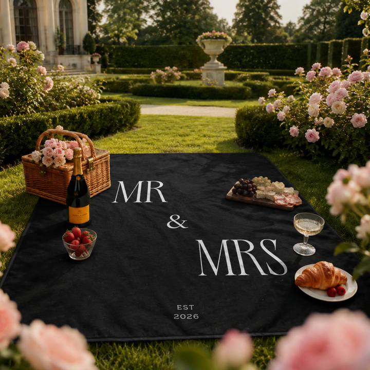 Midnight Union Picnic Blanket  —  Mr & Mrs Est 2026 Honeymoon & Wedding Gift