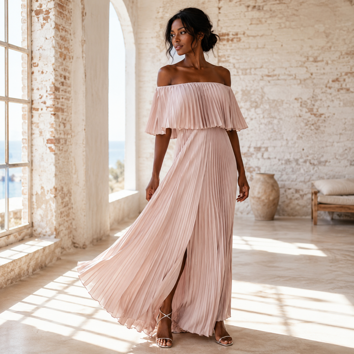 Petals & Promises Blush Cascade Pleated Dress