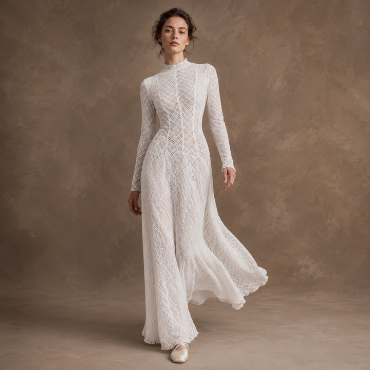 Pearl Union Alpine Noir Long Sleeve Mountain Bridal Gown- Lace Mock Neck Long Sleeve Maxi Dress