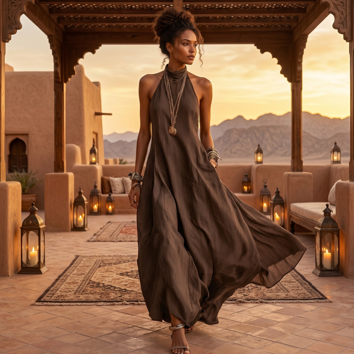 Chocolate Amour Flowing Halter Maxi Dress