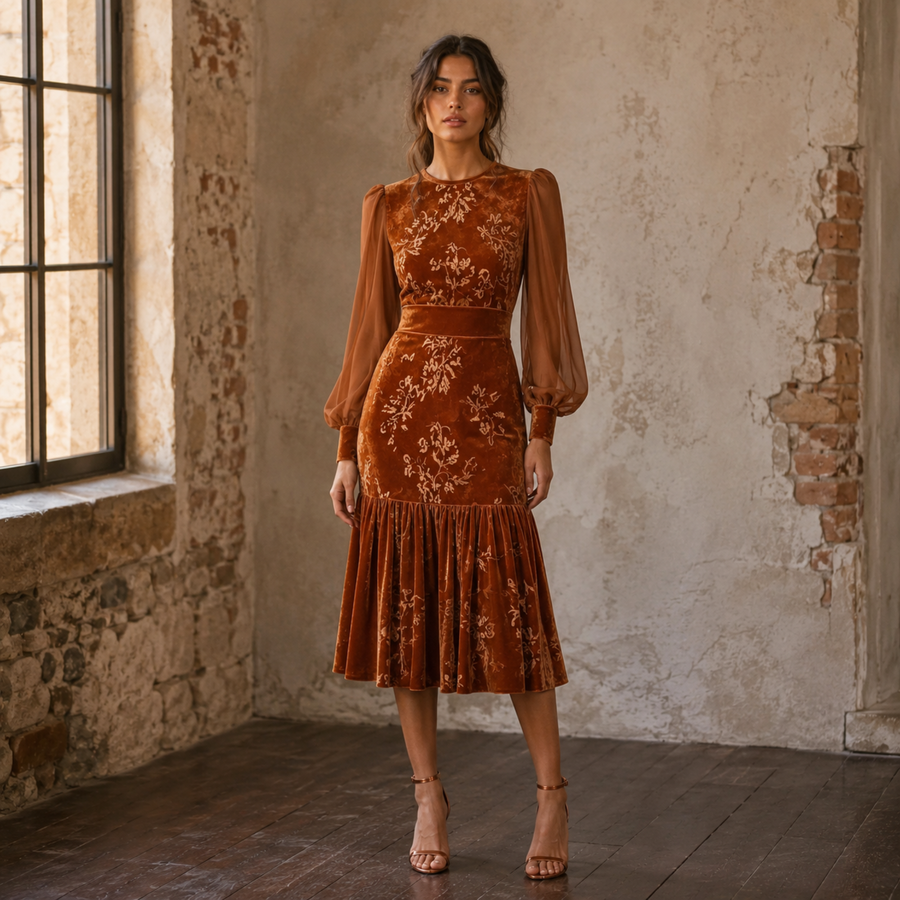 Copper Keepsake Velvet Floral Midi Dress
