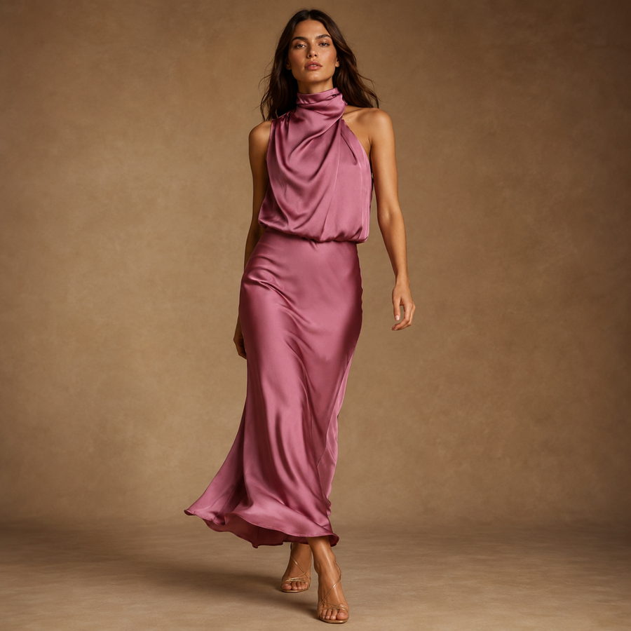 Rose Dusk Reverie Asymmetrical Satin Maxi Dress