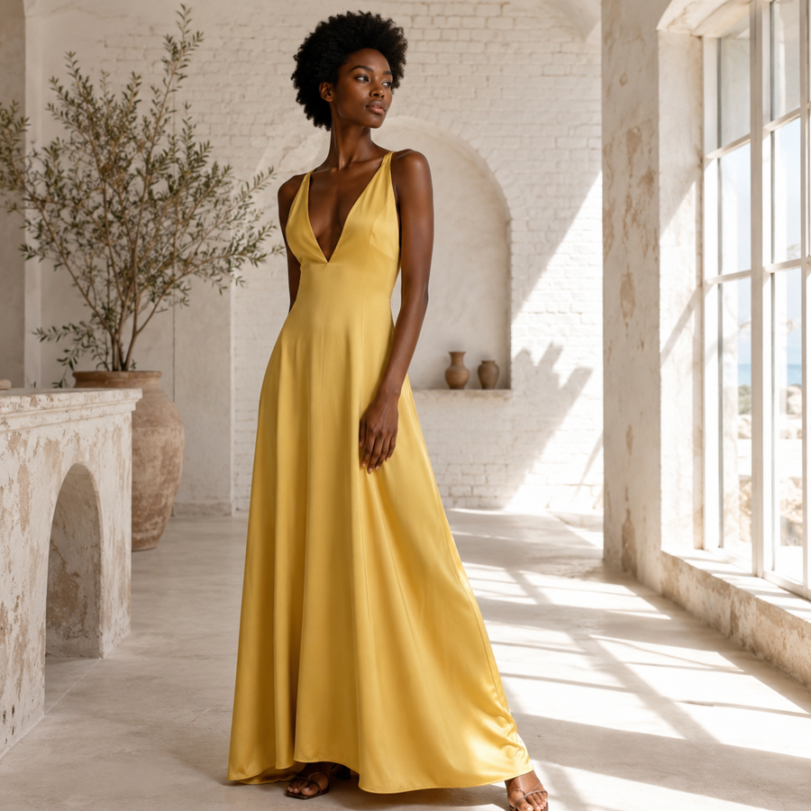 Gilded Soleil Crisscross Back Maxi Dress