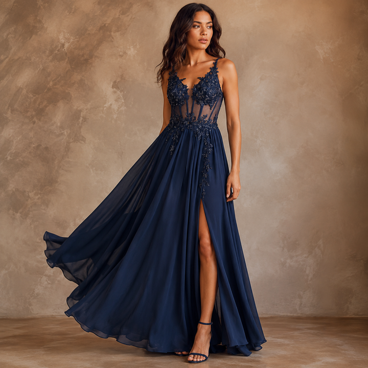 Gilded Garden Navy Illusion Lace Gown