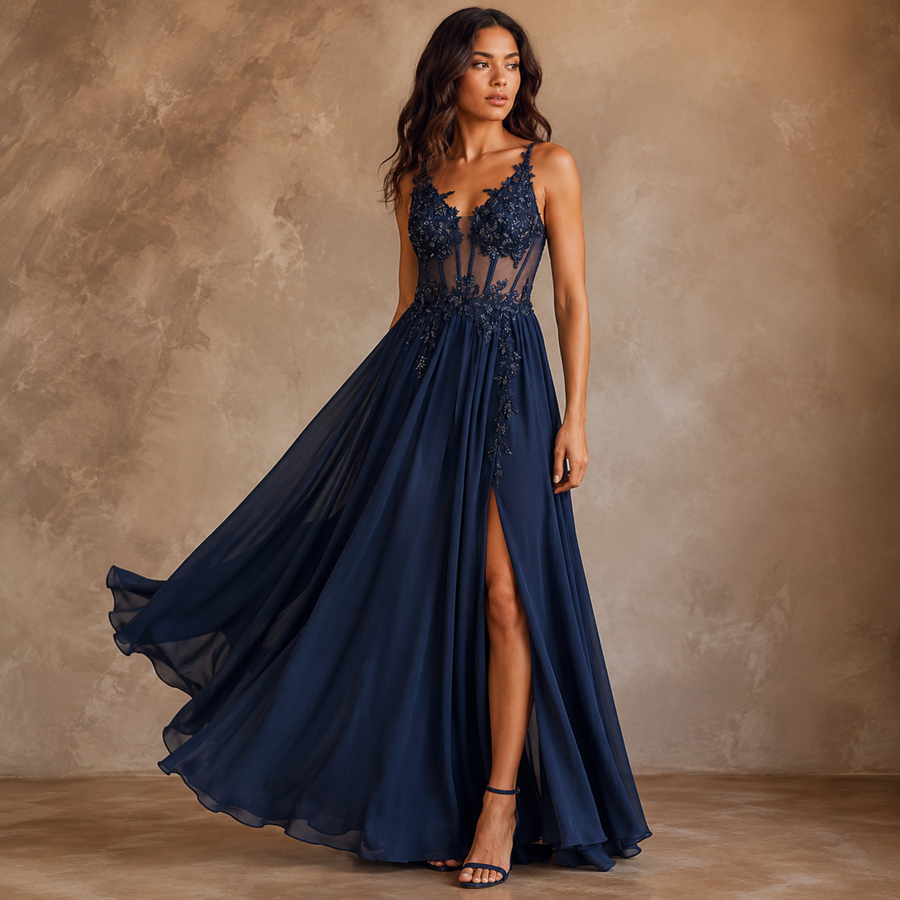 Gilded Garden Navy Illusion Lace Gown