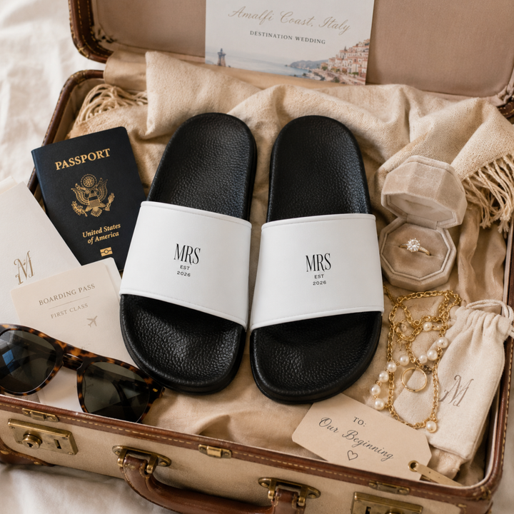 Pearl Union Bridal Slides  —  Mrs Est. 2026 Pool & Beach Sandals for Honeymoon & Travel