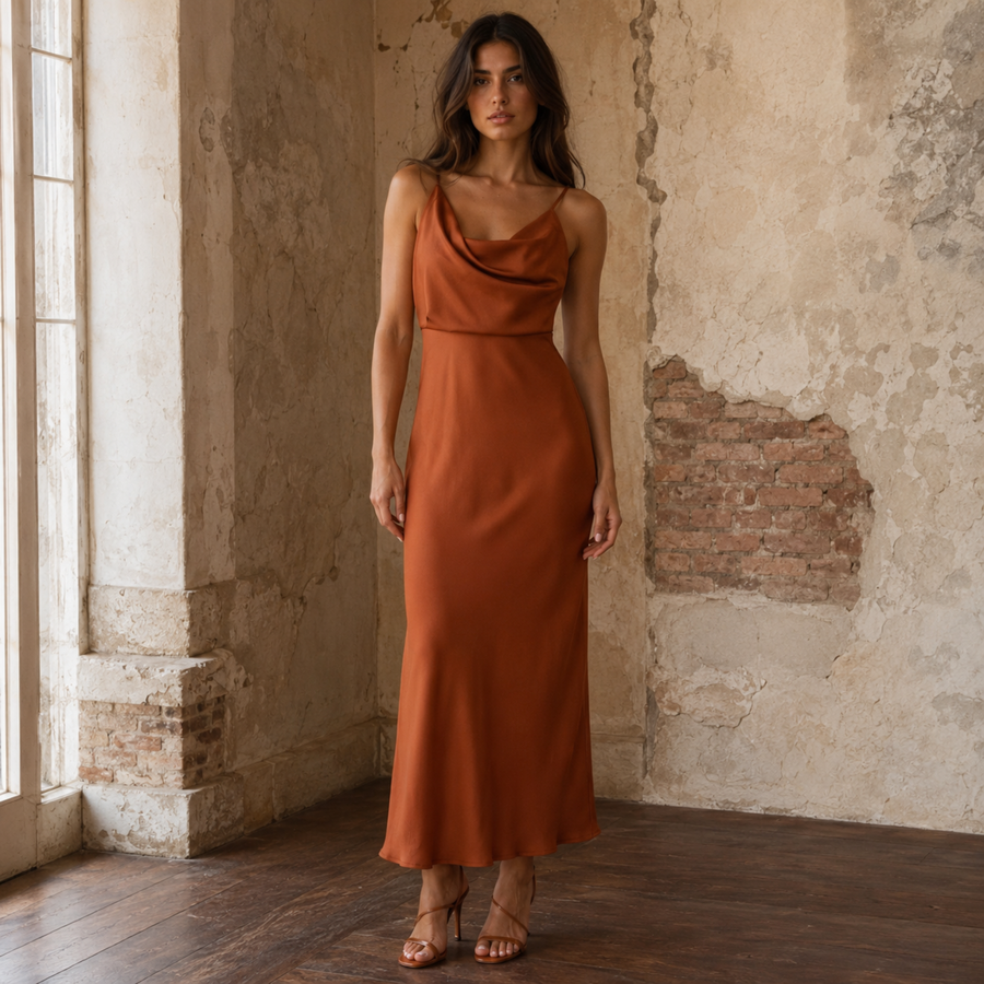 Copper Keepsake Satin Slip Midi Dress  —  Asymmetrical Cowl Neck