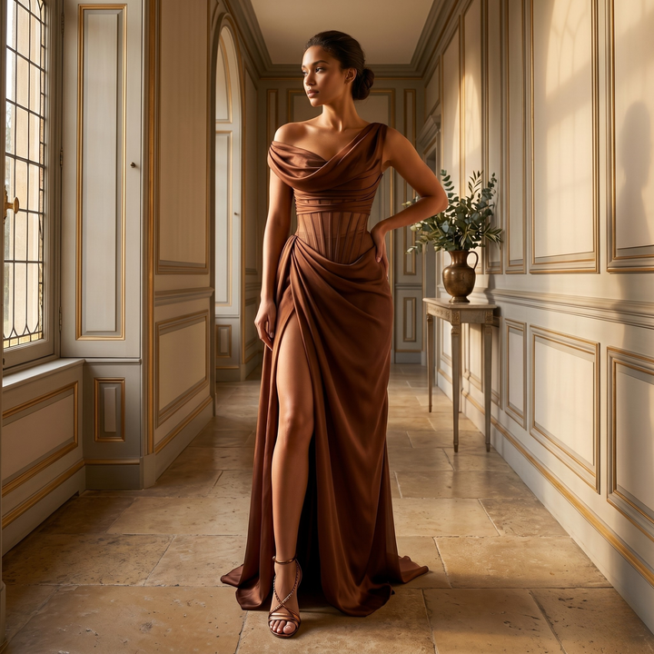Chocolate Amour Draped Corset One-Shoulder Satin Gown – Destination Wedding Evening Dress