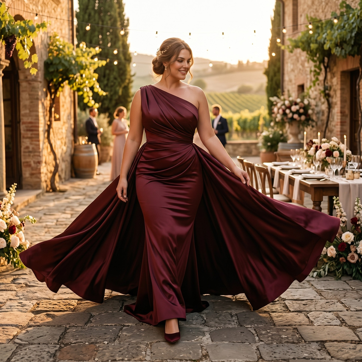 Crimson Promise Satin Mermaid Gown – Vintage Vineyard Destination Bridesmaid Dress