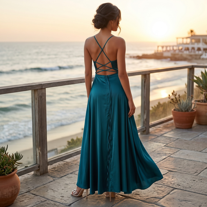 Teal Noir Crisscross Satin Slit Bridesmaid Dress  —  Destination Wedding Gown