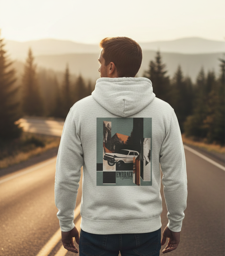 Embrace the Journey – Roadtrip Collage, Unisex Zip Hoodie (Oatmeal Heather)