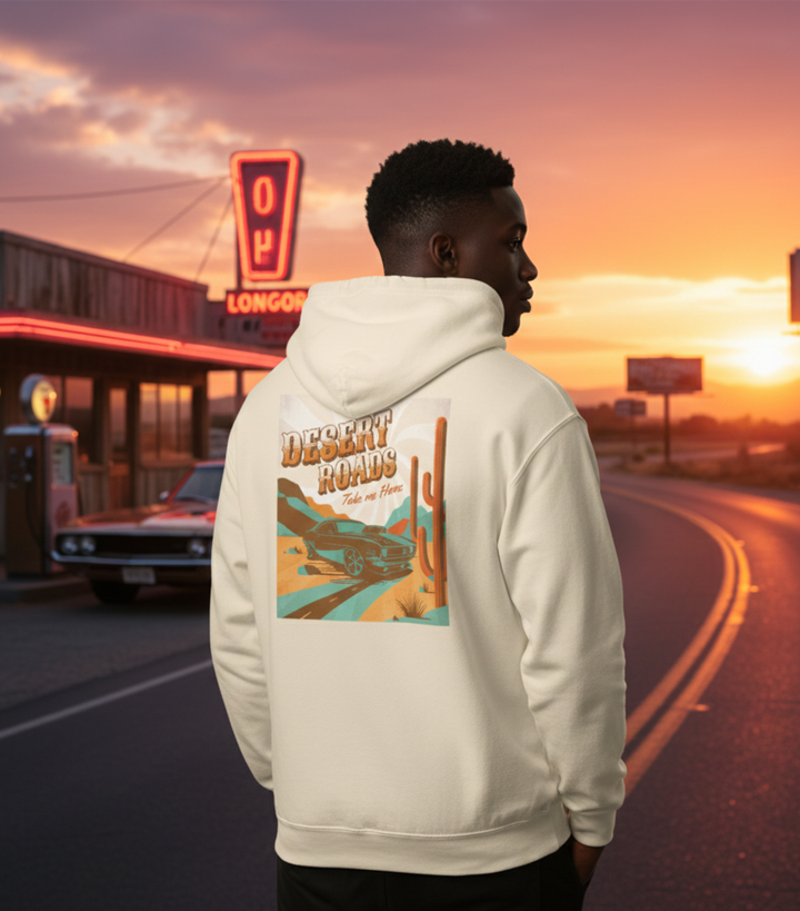 Desert Roads – Take Me There — Unisex Lightweight Hooded Sweatshirt (Ivory)
