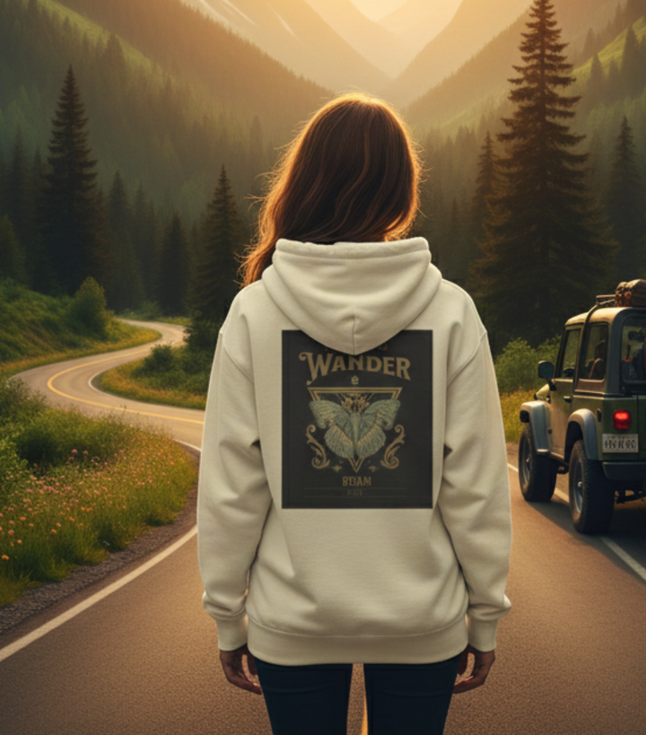 Wander & Roam – Golden Wing Edition, Unisex Lightweight Hooded Sweatshirt (Ivory)