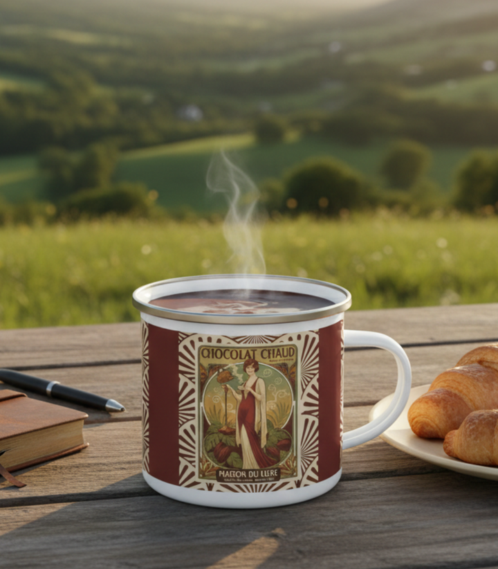 Chocolat Chaud Élégance Enamel Camping Mug | Vintage French Hot Chocolate Art Cup