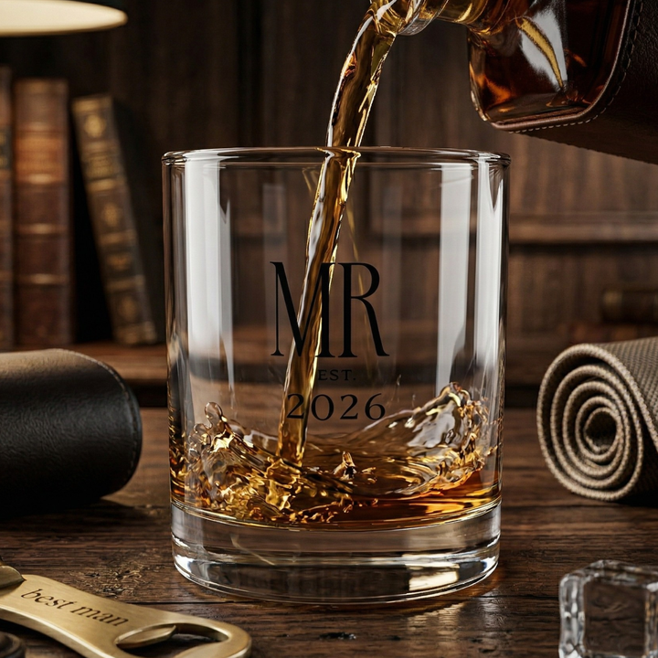 Midnight Union Rocks Glass  —  Mr Est 2026 Groom Whiskey Glass
