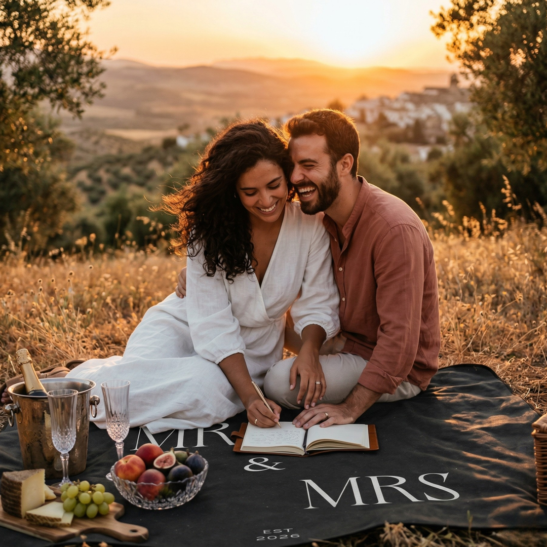 Midnight Union Picnic Blanket  —  Mr & Mrs Est 2026 Honeymoon & Wedding Gift
