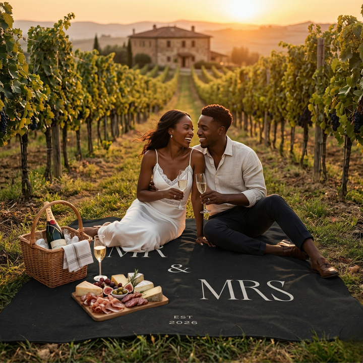 Midnight Union Picnic Blanket  —  Mr & Mrs Est 2026 Honeymoon & Wedding Gift