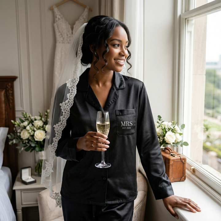 Midnight Union Bride Satin Pajama Set  —  Mrs Est 2026 Long Sleeve Wedding & Honeymoon Set