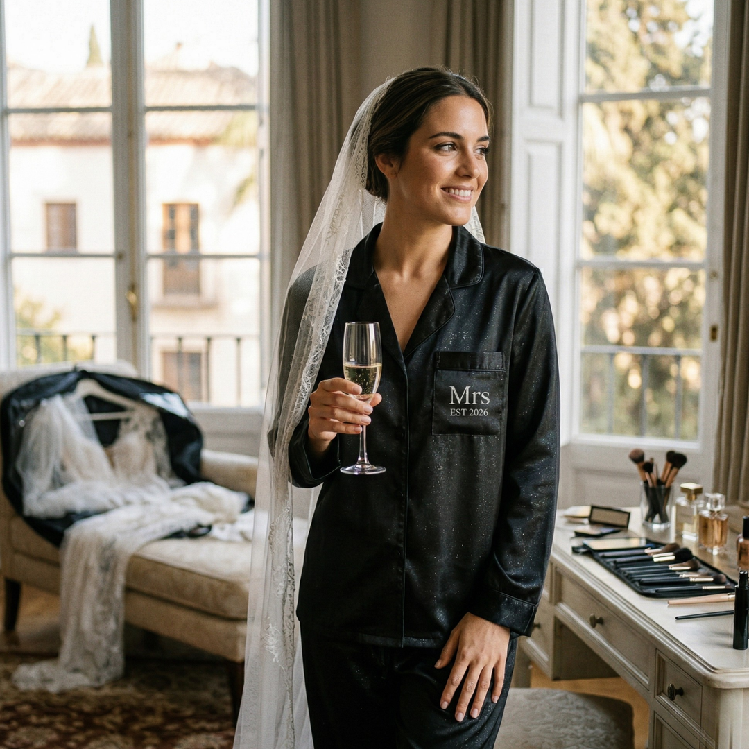 Midnight Union Bride Satin Pajama Set  —  Mrs Est 2026 Long Sleeve Wedding & Honeymoon Set