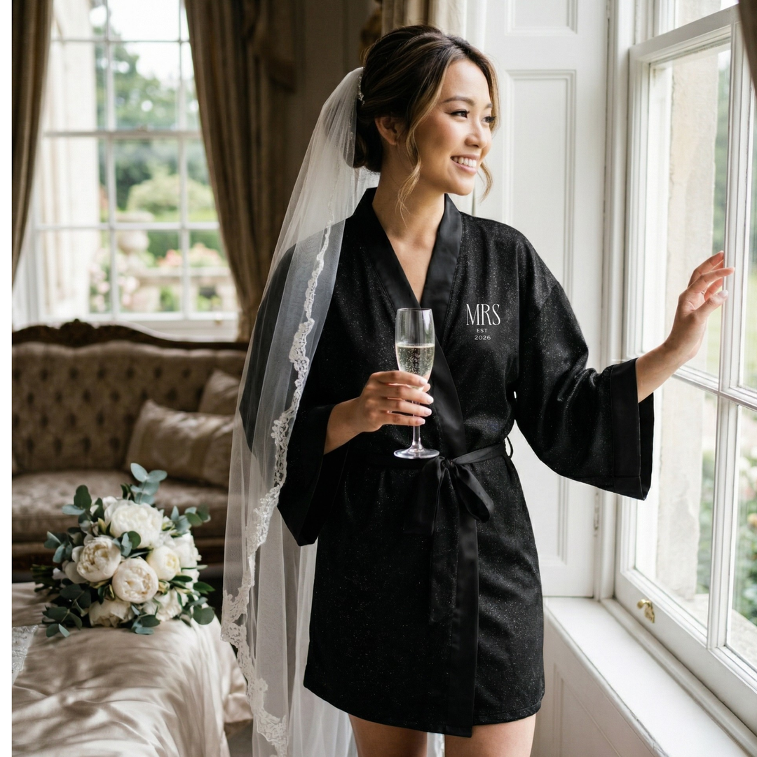 Midnight Union Bridal Kimono Robe  —  Mrs Est 2026 Black Tie Wedding Getting Ready Robe