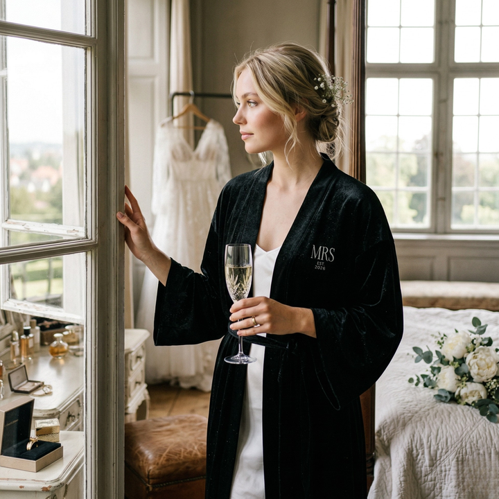 Midnight Union Bridal Kimono Robe  —  Mrs Est 2026 Black Tie Wedding Getting Ready Robe