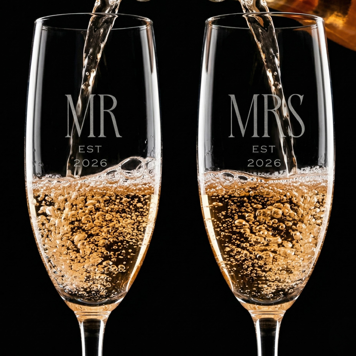 Pearl Union Mrs Est. 2026 Engraved Champagne Flute  —  Bridal Wedding & Honeymoon Toast Glass