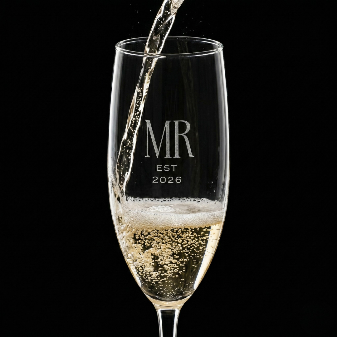 Pearl Union Mr Est. 2026 Engraved Champagne Flute  —  Groom Wedding & Honeymoon Toast Glass