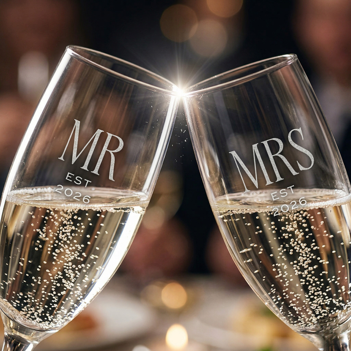 Pearl Union Mr Est. 2026 Engraved Champagne Flute  —  Groom Wedding & Honeymoon Toast Glass
