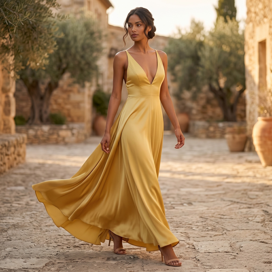 Gilded Soleil Crisscross Back Maxi Dress