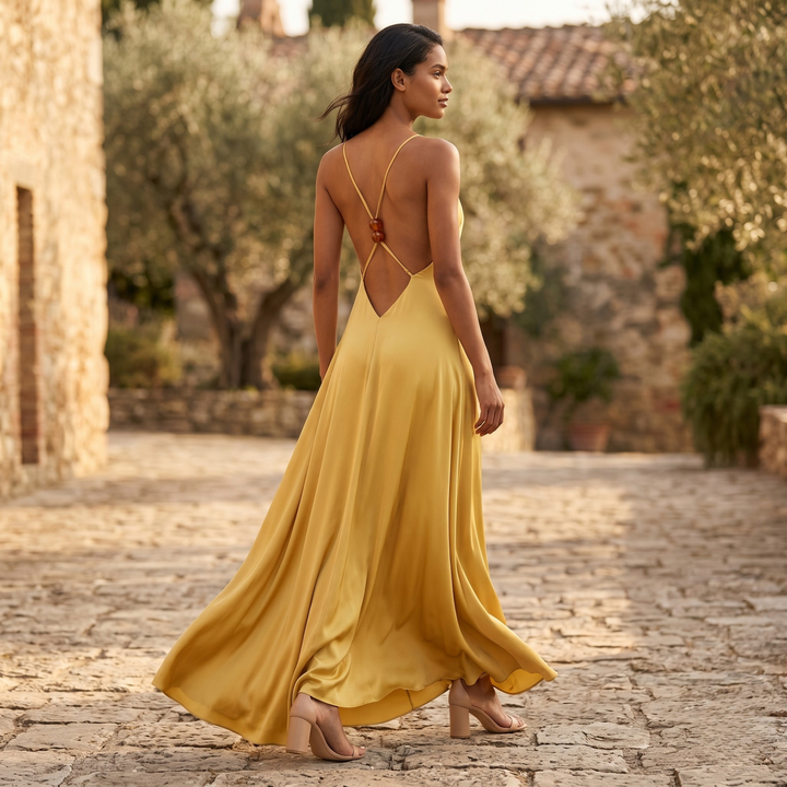 Gilded Soleil Crisscross Back Maxi Dress  —  Destination Bridesmaid Edition