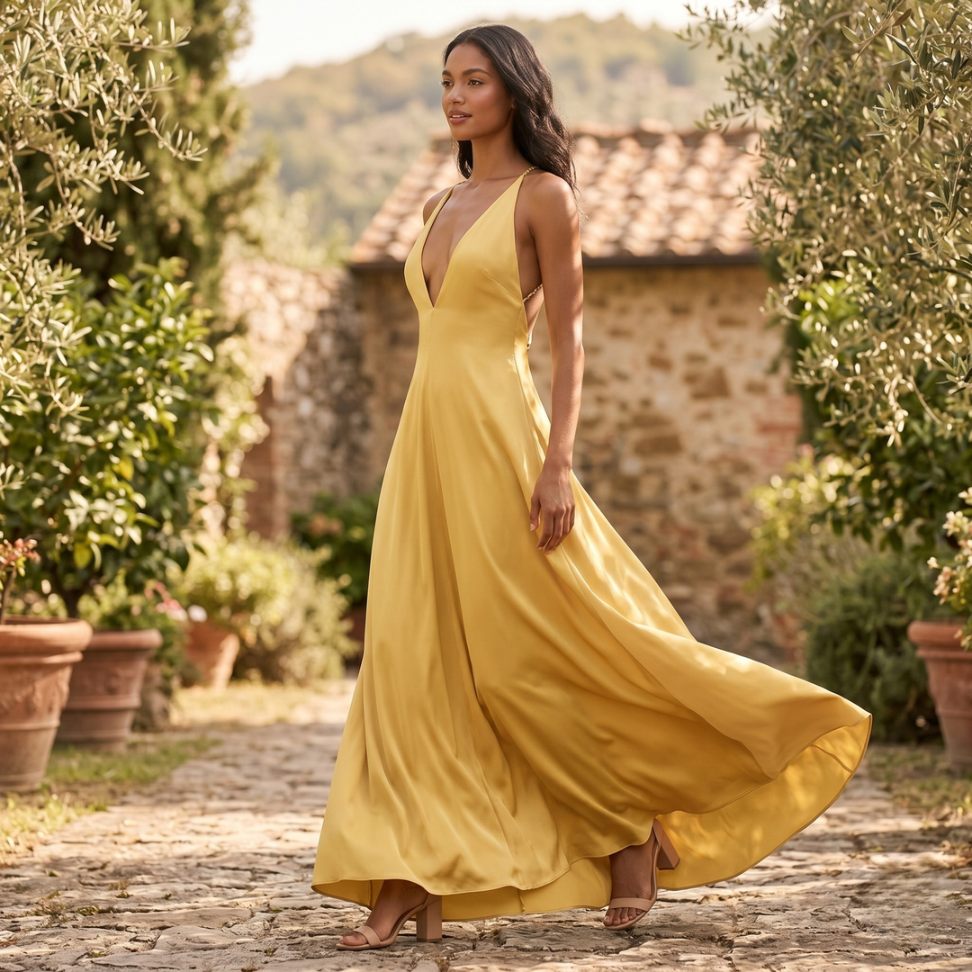 Gilded Soleil Crisscross Back Maxi Dress  —  Destination Bridesmaid Edition