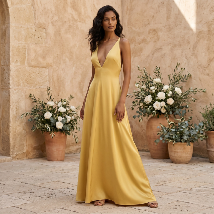 Gilded Soleil Crisscross Back Maxi Dress  —  Destination Bridesmaid Edition