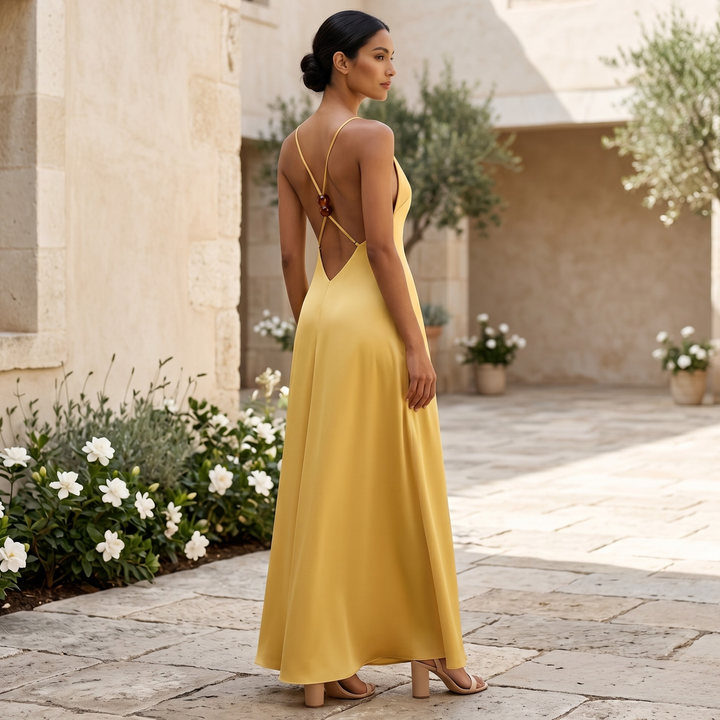 Gilded Soleil Crisscross Back Maxi Dress  —  Destination Bridesmaid Edition