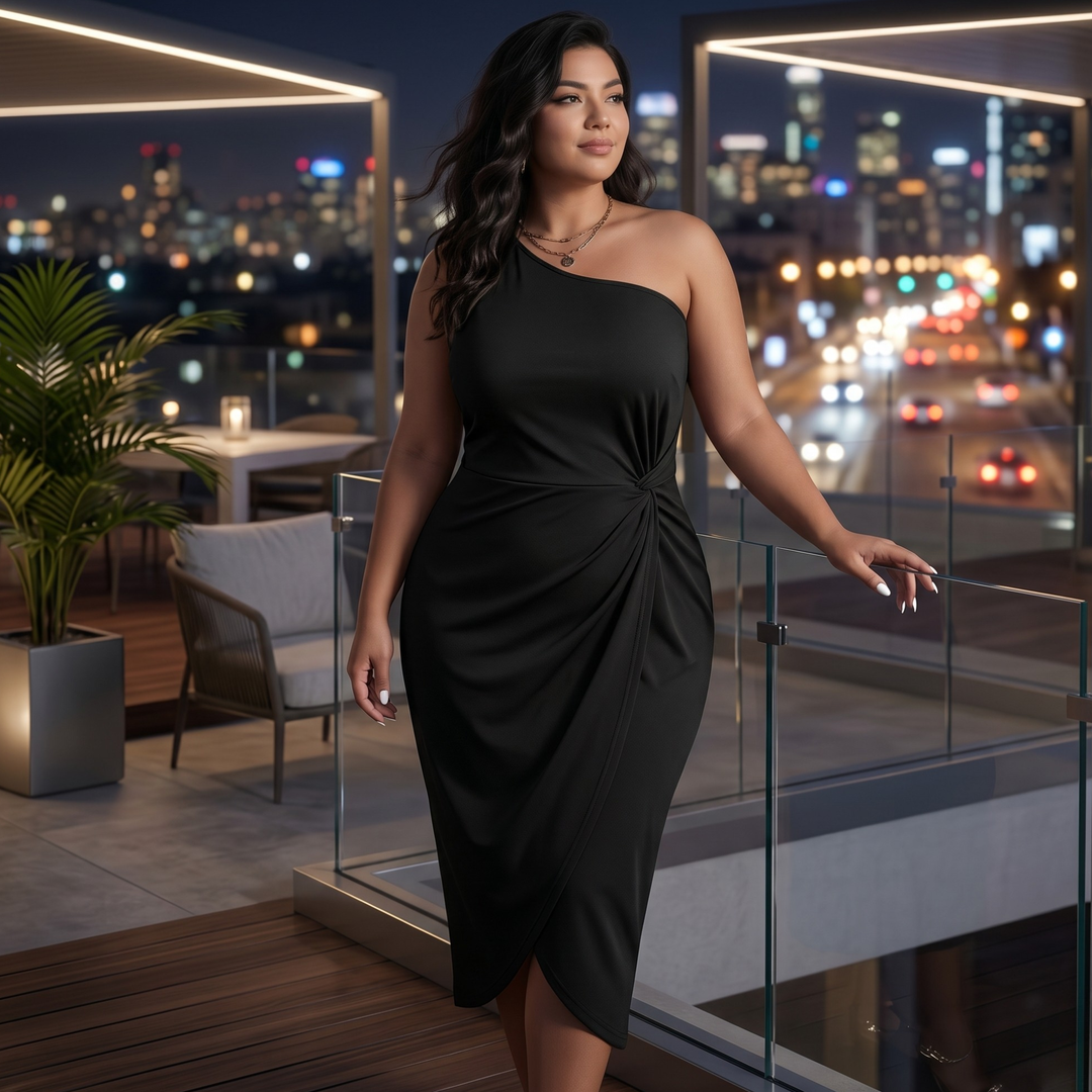 Midnight Union Curve One-Shoulder Twist Dress Plus Size Black Bridal & Honeymoon Evening Dress