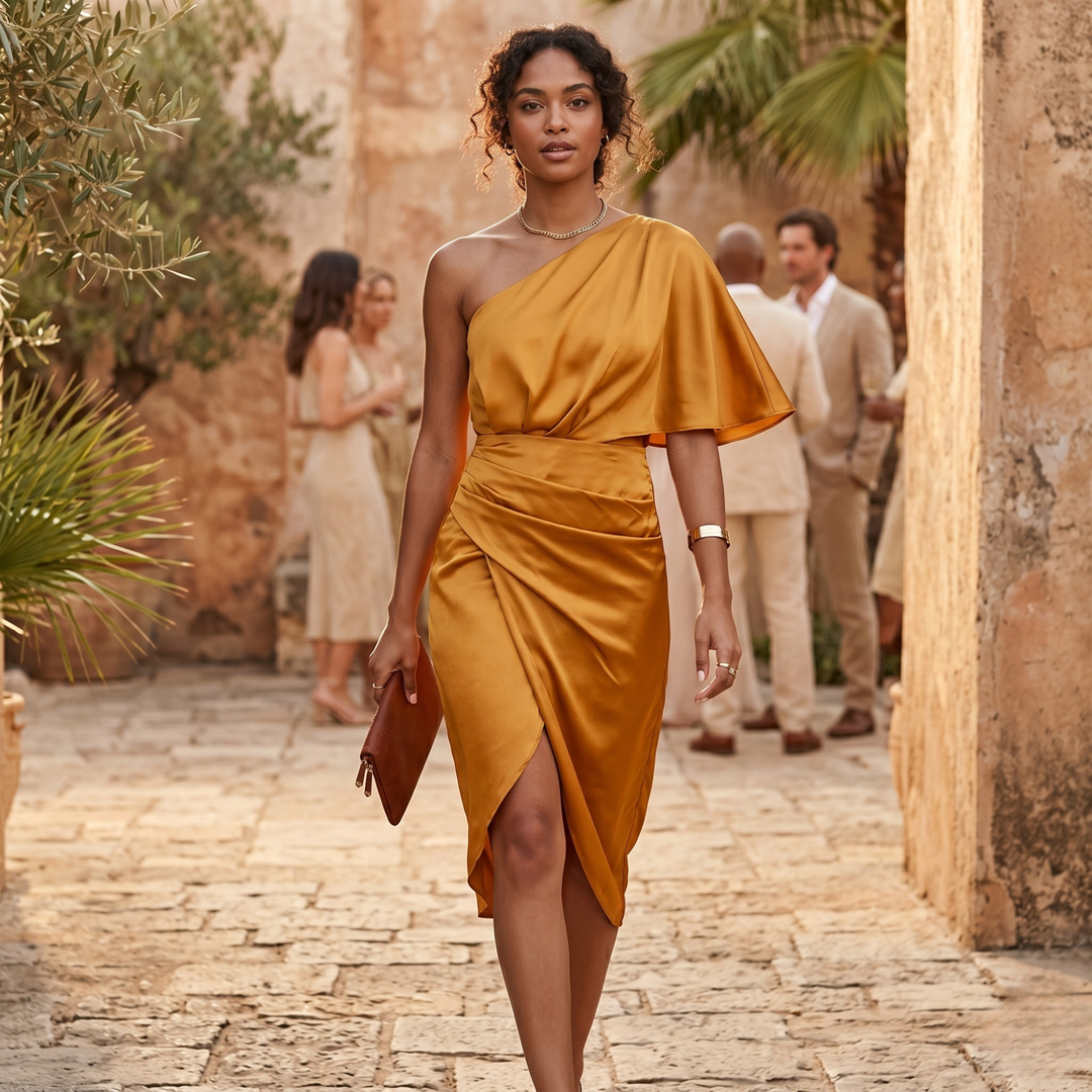 Copper Keepsake One-Shoulder Satin Midi Bridesmaid Dress  —  Asymmetrical Destination Wedding Gown