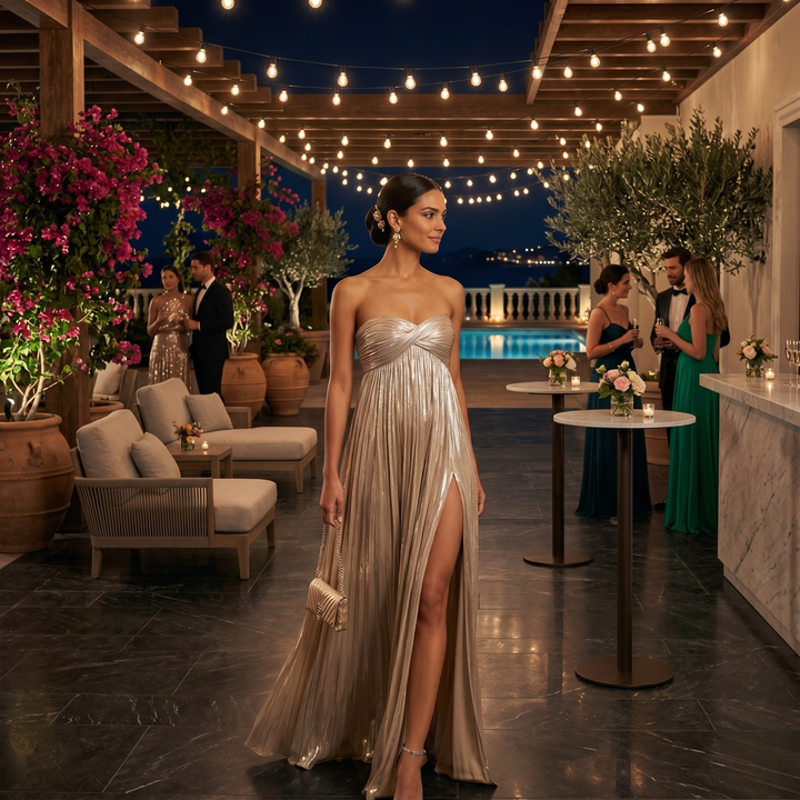 Champagne Whispers Strapless Pleated Bridesmaid Gown  —  Shimmer Destination Wedding Maxi Dress