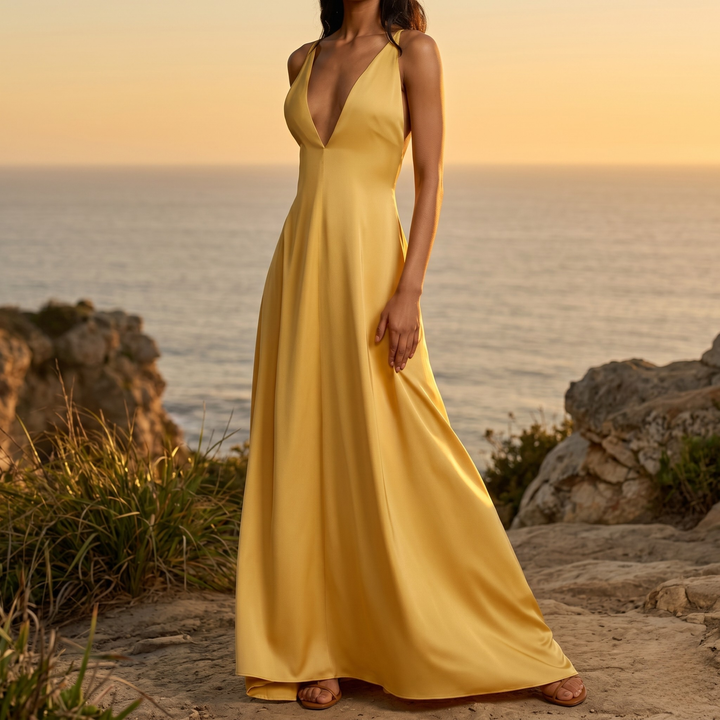 Gilded Soleil Crisscross Back Maxi Dress  —  Destination Bridesmaid Edition