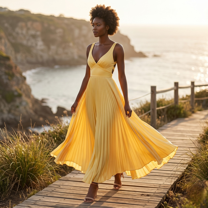 Gilded Soleil Pleated Crisscross Bridesmaid Dress  —  Flowing Golden Destination Gown