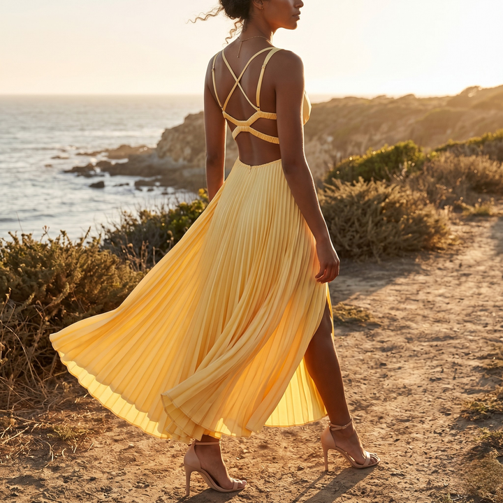 Gilded Soleil Pleated Crisscross Bridesmaid Dress  —  Flowing Golden Destination Gown