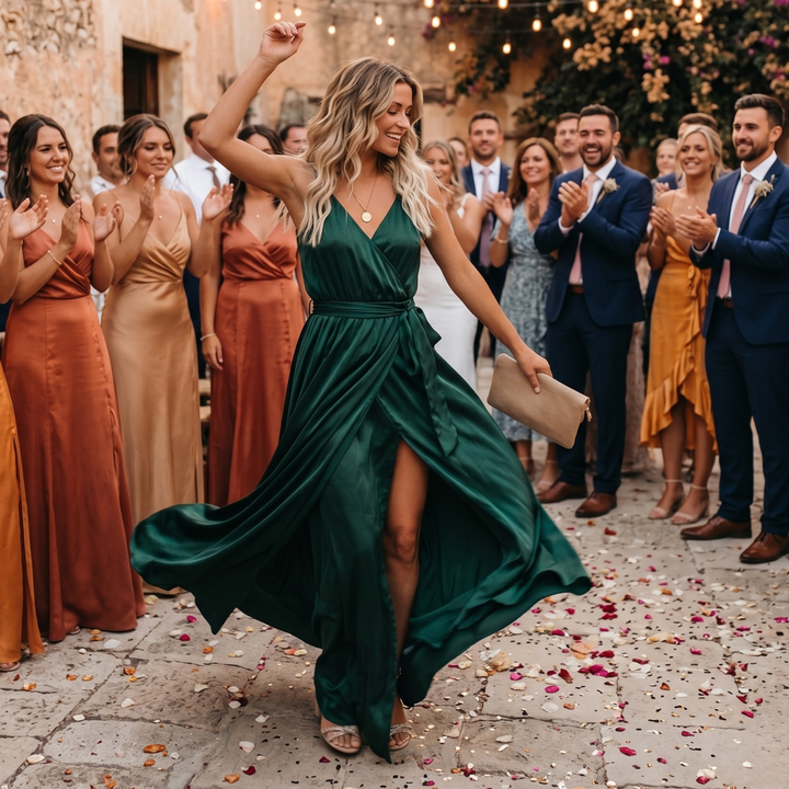 Emerald Embrace Bridesmaid Maxi Dress  —  Satin Tie-Waist with Slit
