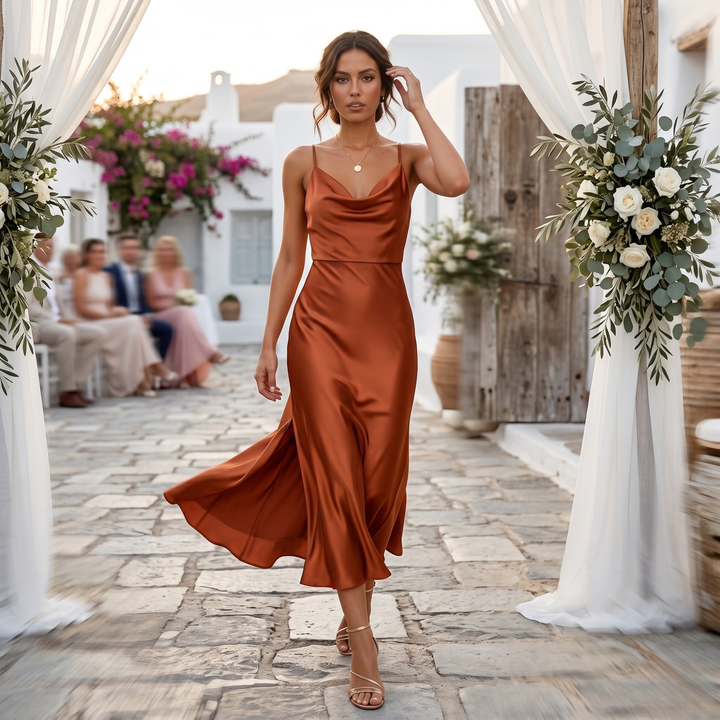 Copper Keepsake Satin Slip Midi Bridesmaid Dress  —  Asymmetrical Cowl Neck Destination Wedding Gown