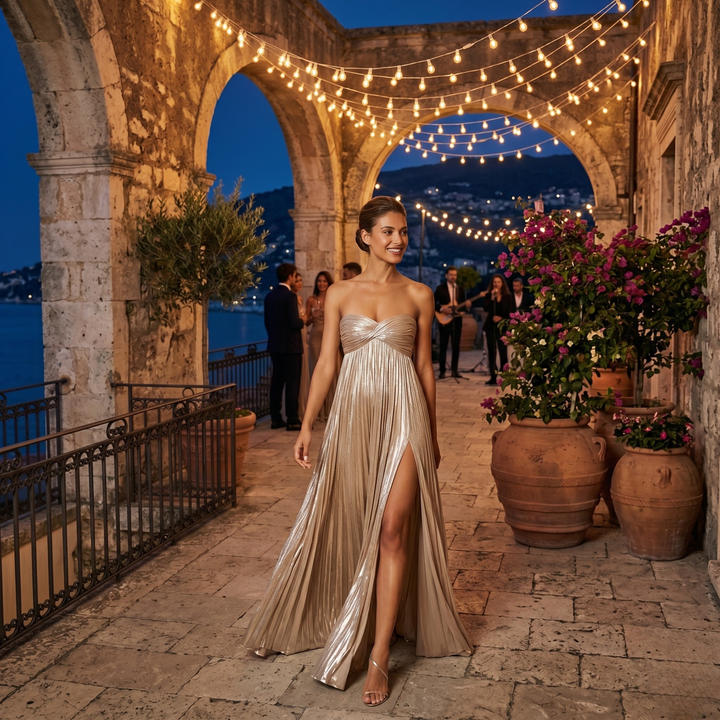 Champagne Whispers Strapless Pleated Bridesmaid Gown  —  Shimmer Destination Wedding Maxi Dress
