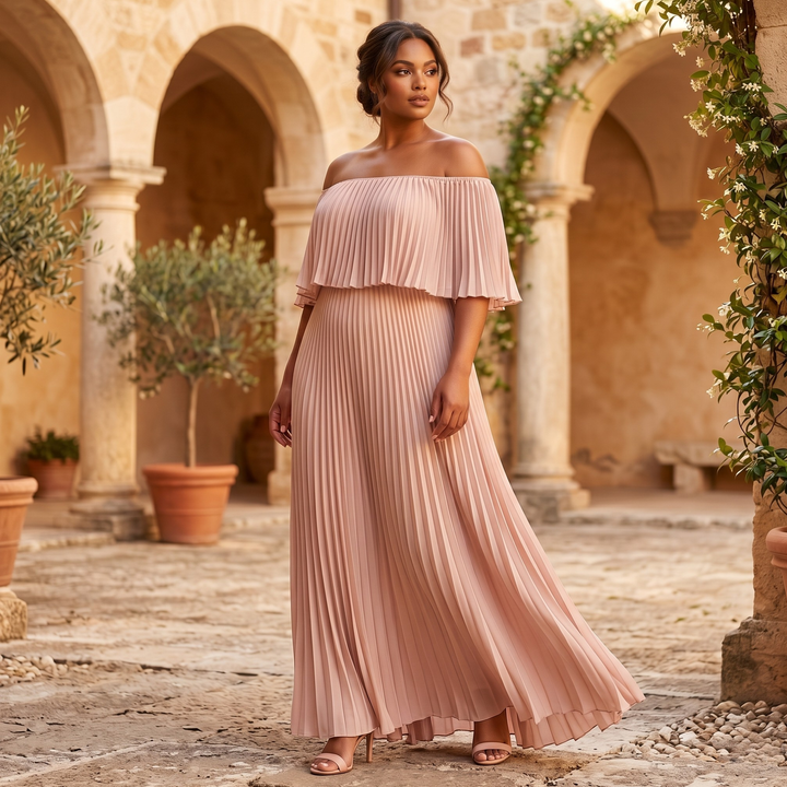 Petals & Promises Blush Cascade Pleated Bridesmaid Gown  —  Flowing Destination Wedding Dress