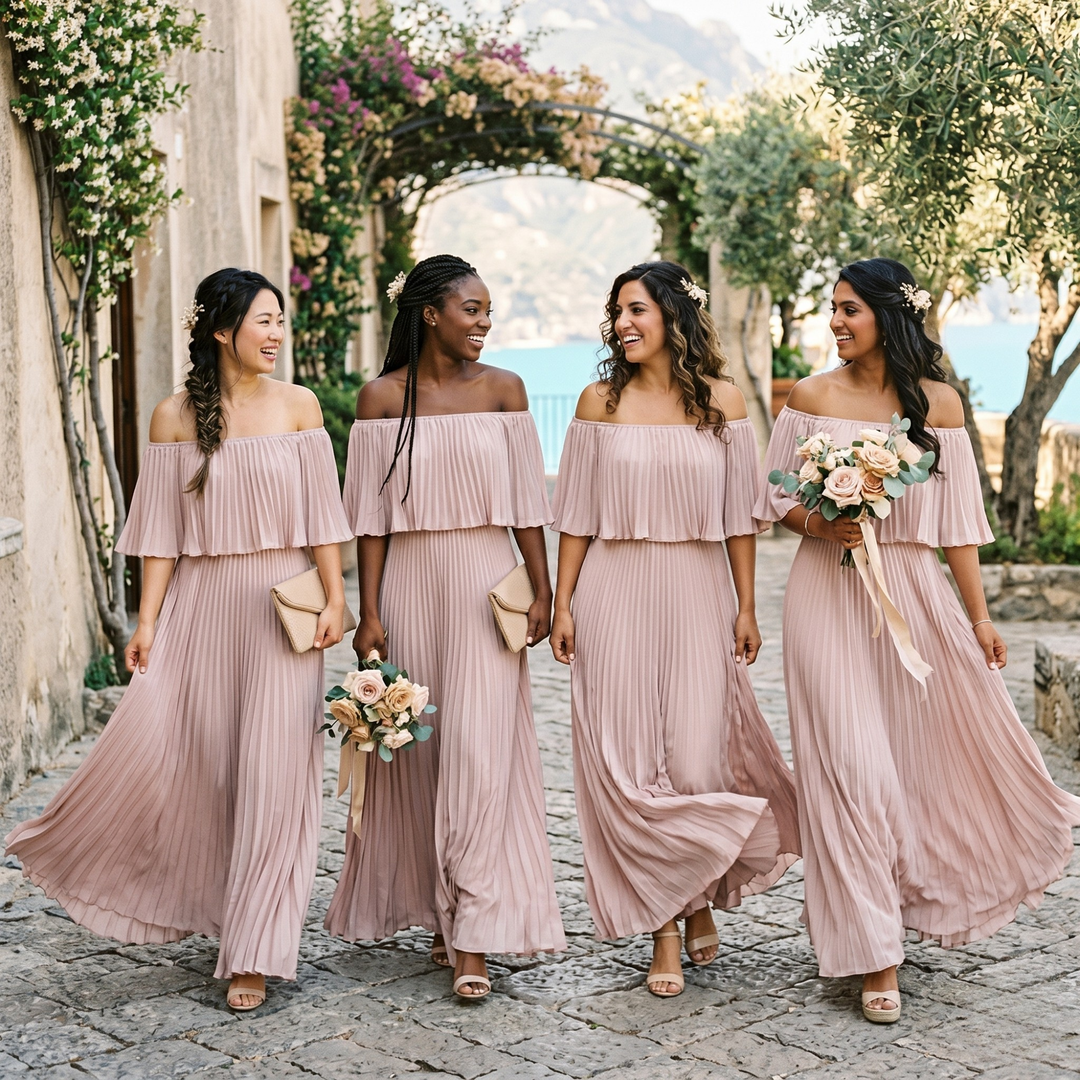 Petals & Promises Blush Cascade Pleated Bridesmaid Gown  —  Flowing Destination Wedding Dress