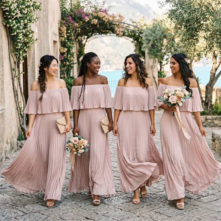 Petals & Promises Blush Cascade Pleated Bridesmaid Gown  —  Flowing Destination Wedding Dress