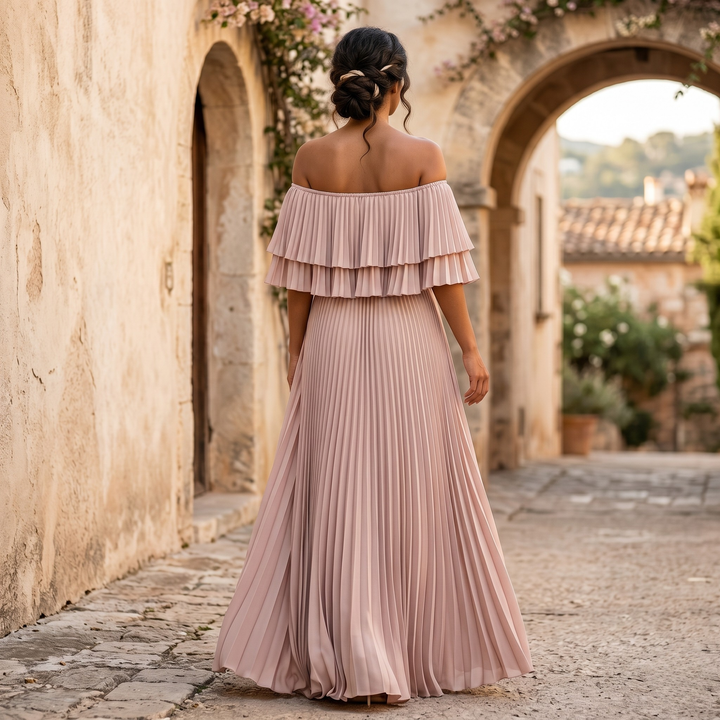 Petals & Promises Blush Cascade Pleated Bridesmaid Gown  —  Flowing Destination Wedding Dress